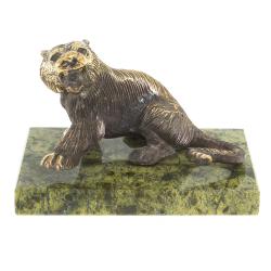 Статуэтка из бронзы &quot;Рычащий тигр&quot; на подставке из змеевика — 