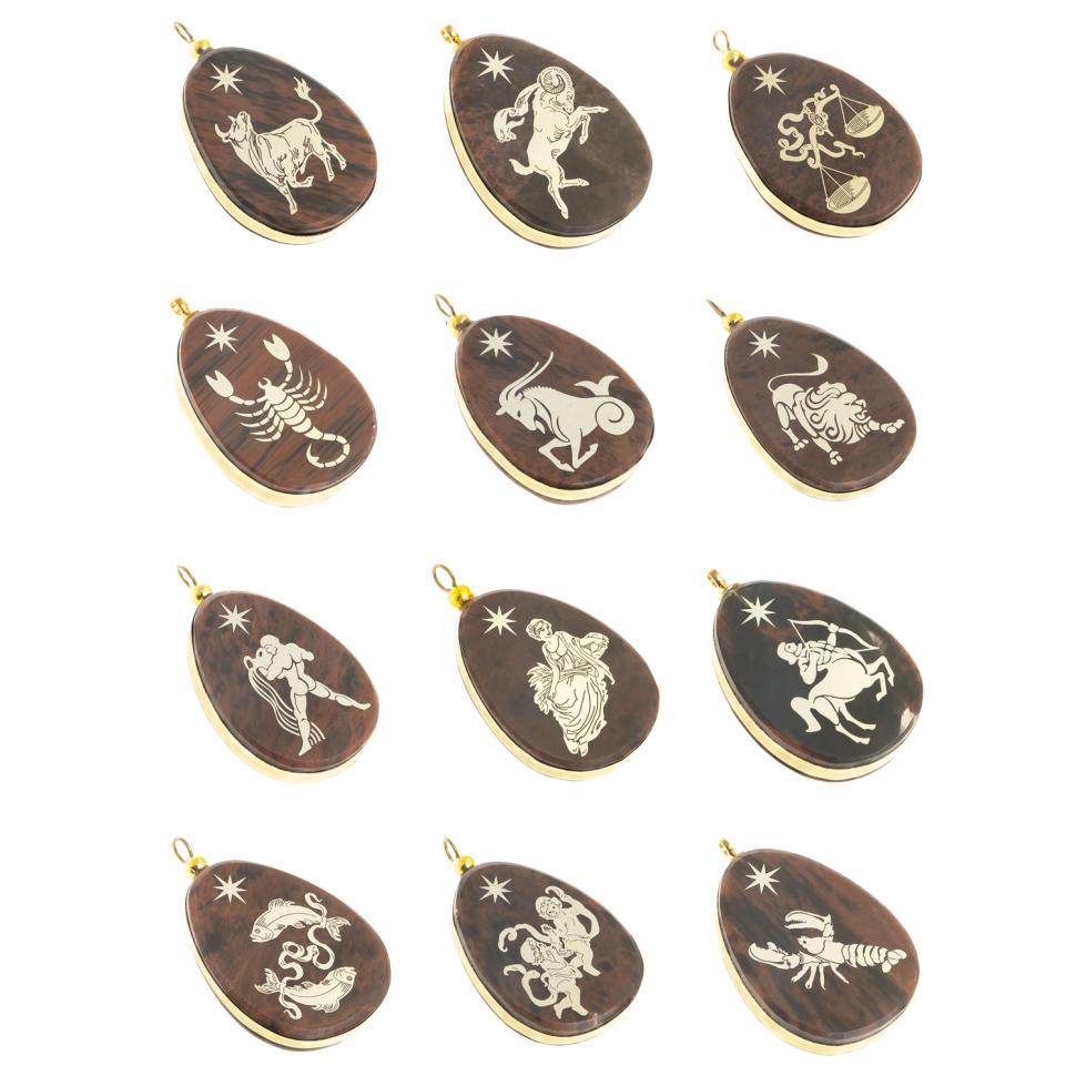 Комплект брелоков-кулонов "Знаки зодиака" 12 шт камень обсидиан фото 1 — 