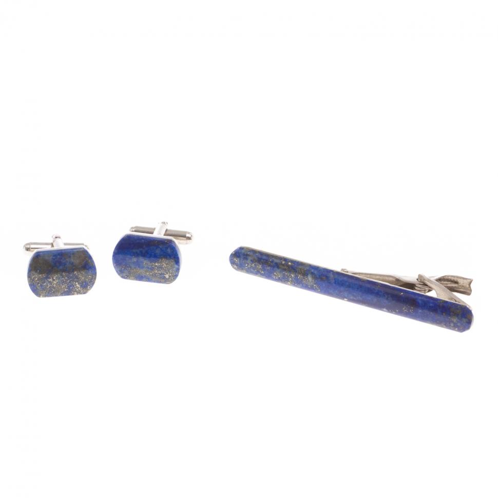 Набор запонки закругленные и зажим для галстука камень лазурит фото 1 — 