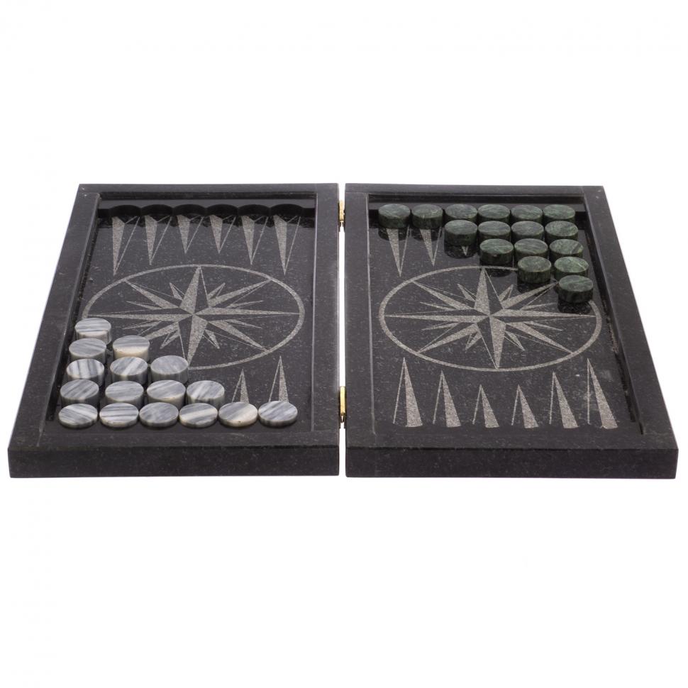 Нарды с гравировкой "Танк / Роза ветров" из гранита фото 1 — 