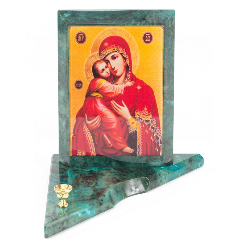 Икона с подсвечником Владимирская средняя из змеевика 12х12х13 см фото 1 — 