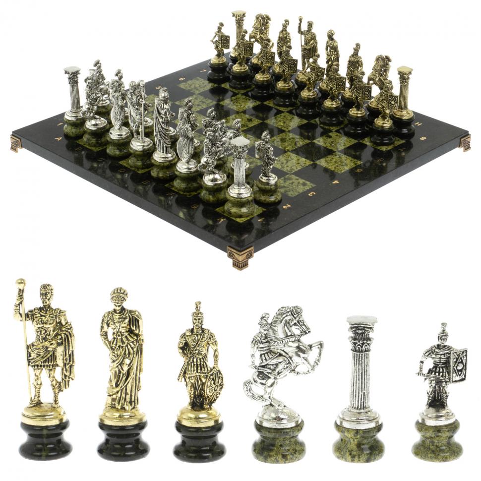 Шахматы "Римские войны" на подставках доска 44х44 из змеевика фото 1 — 