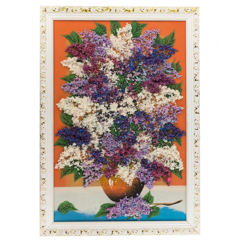 Картина из камня "Сирень в вазе" 47х67 см багет оранжевый фон фото 1 — 