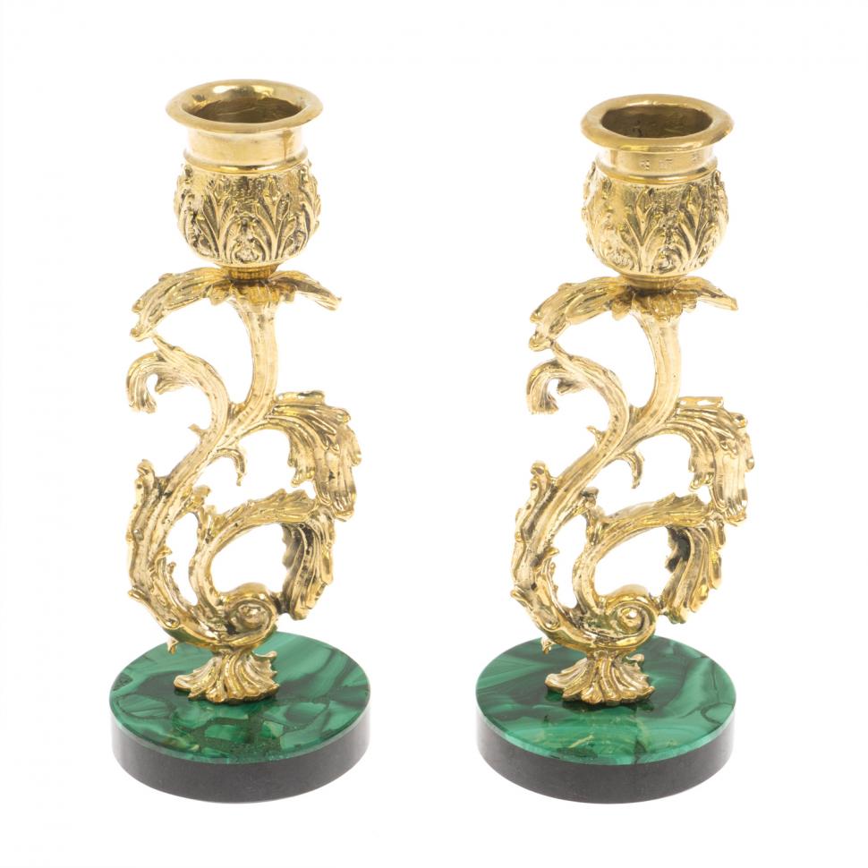 Набор подсвечников 2 шт из бронзы на подставке из малахита фото 1 — 