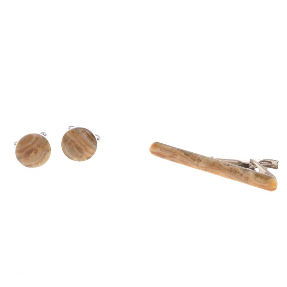 Набор запонки круглые и зажим для галстука камень оникс фото 1 — 