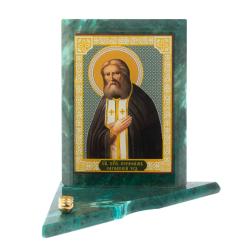 Икона с подсвечником Серафим Саровский средняя из змеевика 12х12х13 см — 