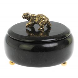 Шкатулка круглая &quot;Медведь&quot; из черного змеевика 15х15х11 см — 