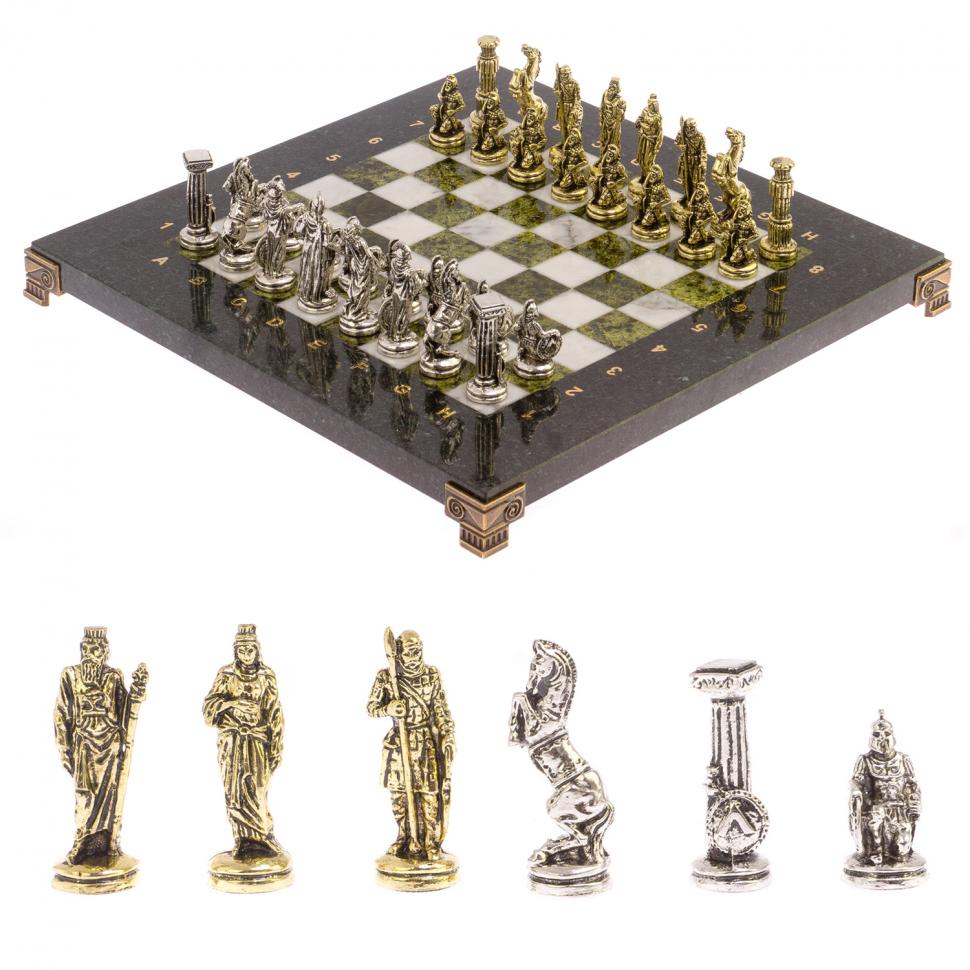 Шахматы "Царь Леонид" доска 28х28 см змеевик мрамор фото 1 — 