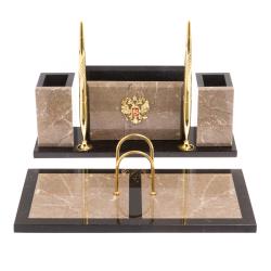 Письменный набор &quot;Советник&quot; с Гербом РФ из бежевого мрамора — 