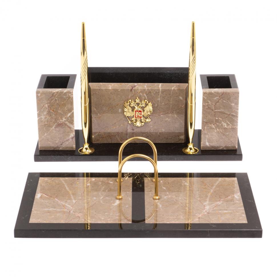 Письменный набор "Советник" с Гербом РФ из бежевого мрамора фото 1 — 
