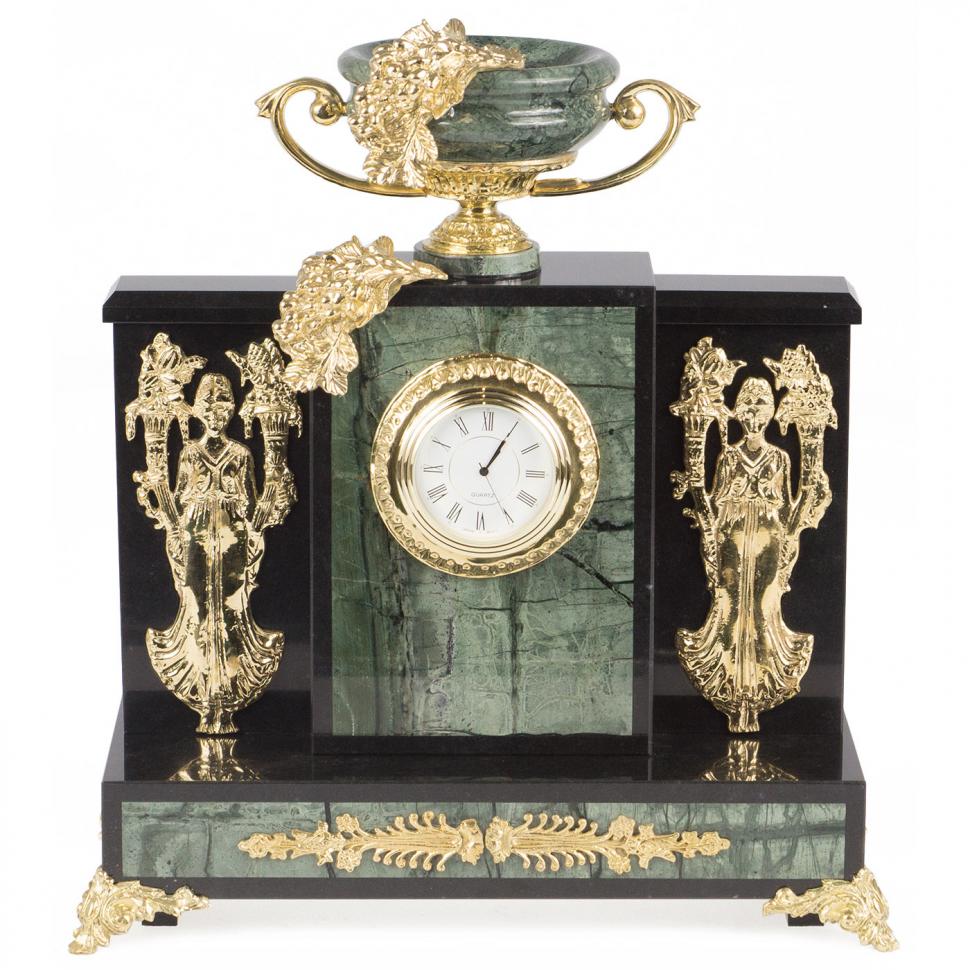 Каминные часы из камня и бронзы "Чаша изобилия" офиокальцит фото 1 — 