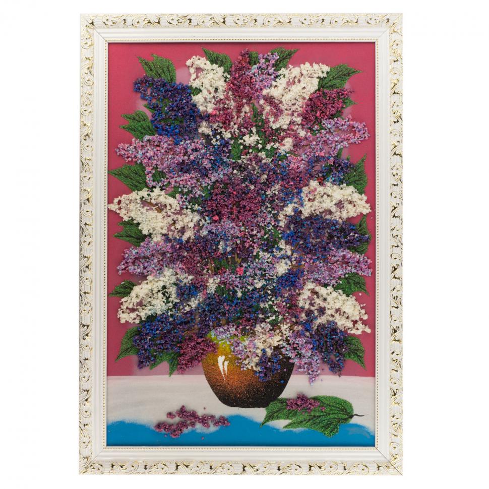 Картина с рисунком из камня "Сирень на столе" 47х67 см багет розовый фон фото 1 — 