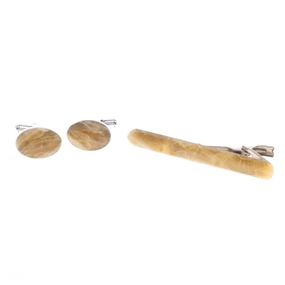 Набор запонки овальные и зажим для галстука камень оникс фото 1 — 