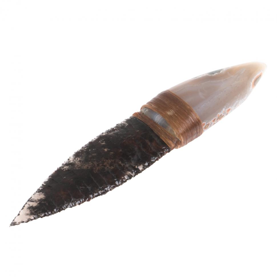 Нож каменный из обсидиана рукоять агат 20,5х4х2,5 см фото 1 — 