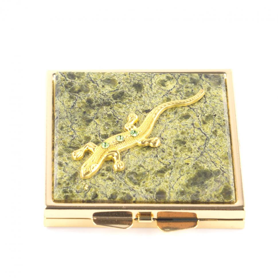 Зеркальце квадратное из змеевика с ящерицей цвет золото фото 1 — 