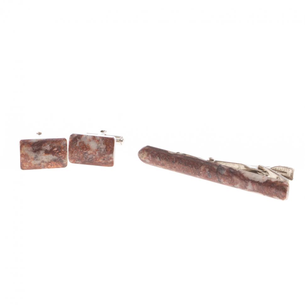 Набор запонки прямоугольные и зажим для галстука камень авантюрин фото 1 — 