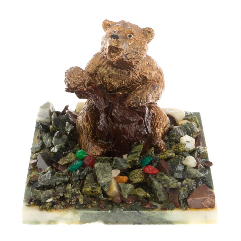 Сувенир "Медведь, играющий на пне" змеевик фото 1 — 