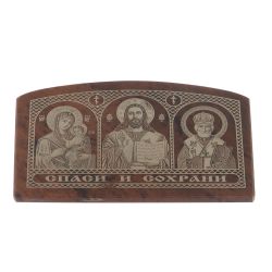 Икона в машину из коричневого обсидиана &quot;Спаси и сохрани&quot; 7х4,5 см — 