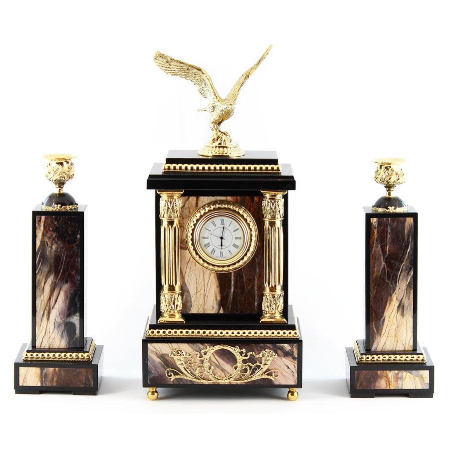 Каминные часы с подсвечниками "Орел" бронза яшма фото 1 — 