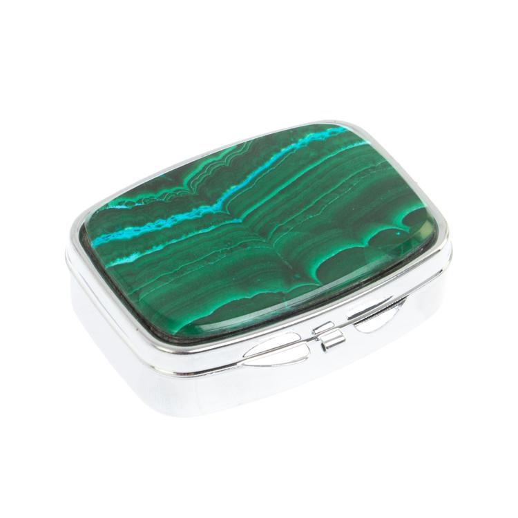 Таблетница на 2 отделения камень малахит с хризоколлой цвет серебро фото 1 — 