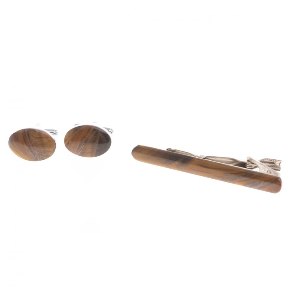 Набор запонки овальные и зажим для галстука камень тигровый глаз фото 1 — 