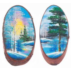 Панно на срезе дерева &quot;Зима&quot; вертикальное 40-45 см каменная крошка — 