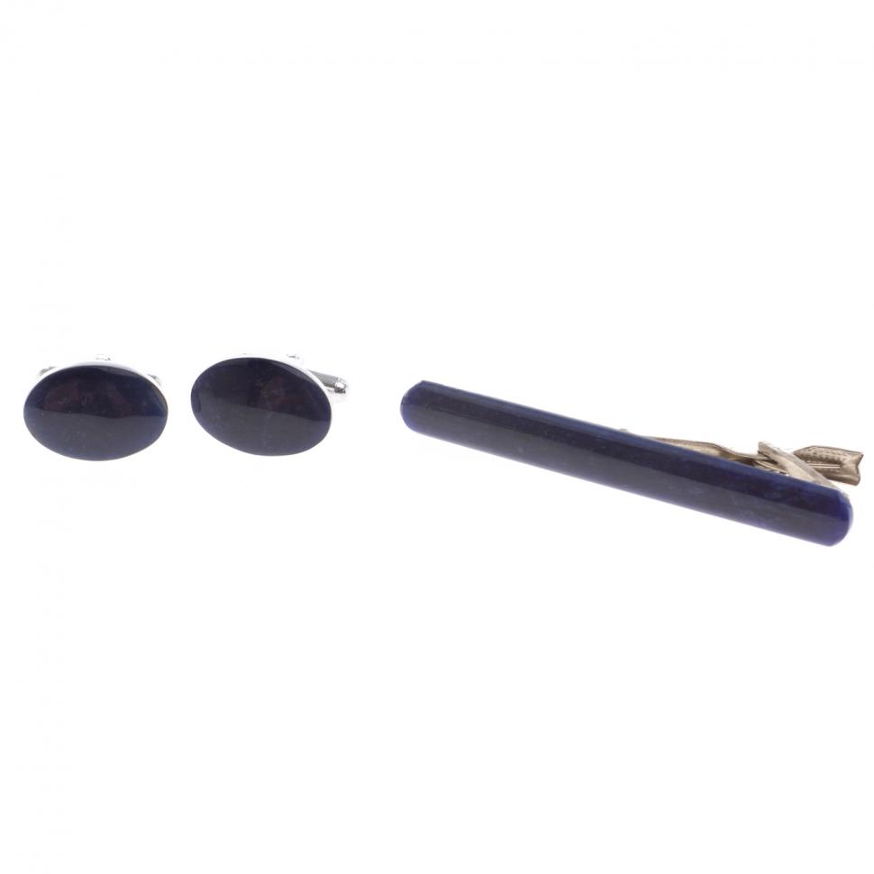 Набор запонки овальные и зажим для галстука камень содалит фото 1 — 
