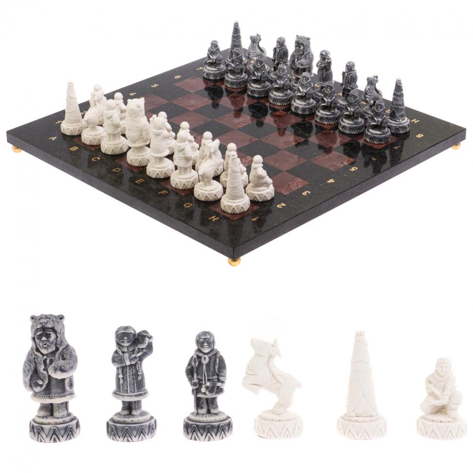 Шахматы "Северные народы" доска 40х40 см лемезит змеевик фото 1 — 