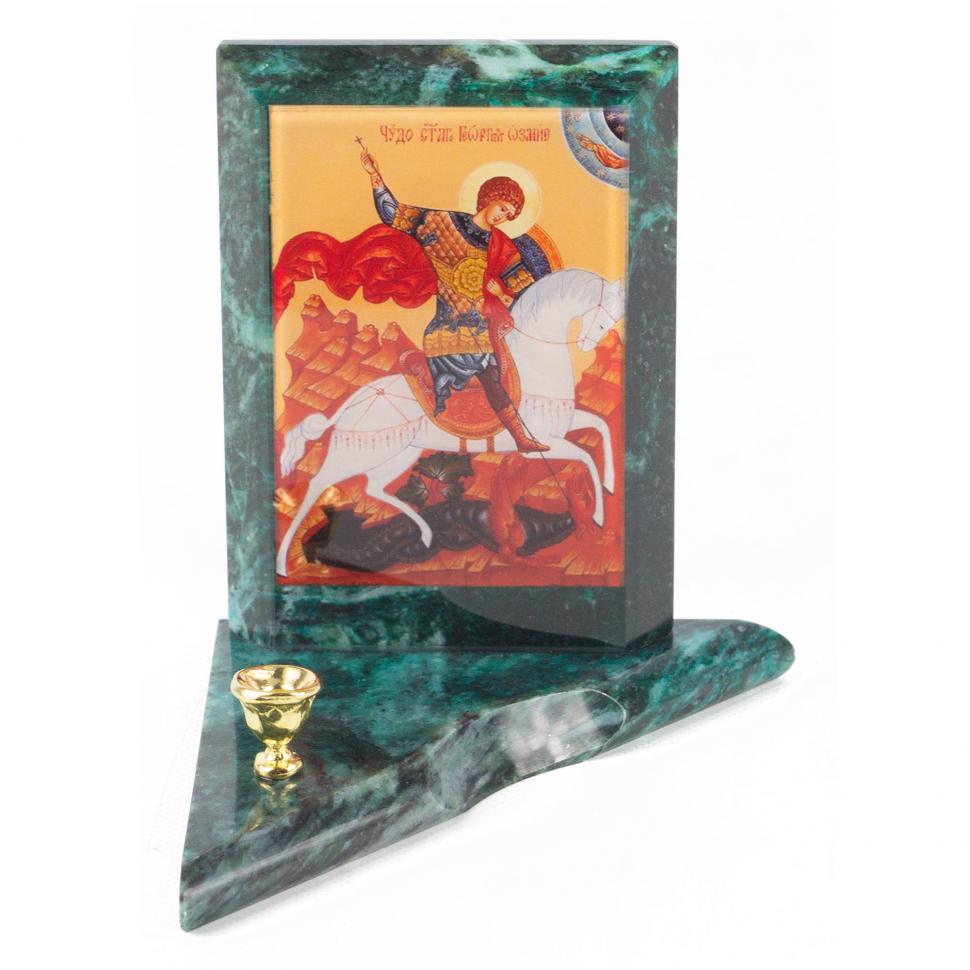 Икона с подсвечником Георгий Победоносец малая змеевик 9,5х9,5х10 см фото 1 — 