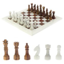 Каменные шахматы &quot;Игрок&quot; из белого мрамора и оникса 38х38 см — 