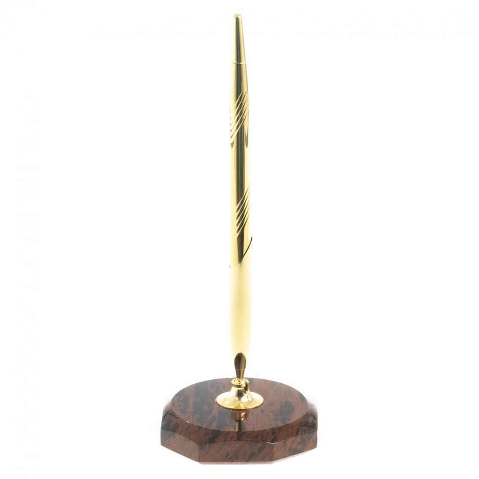 Ручка металлическая на восьмиугольной подставке из коричневого обсидиана 7х7х20 см фото 1 — 