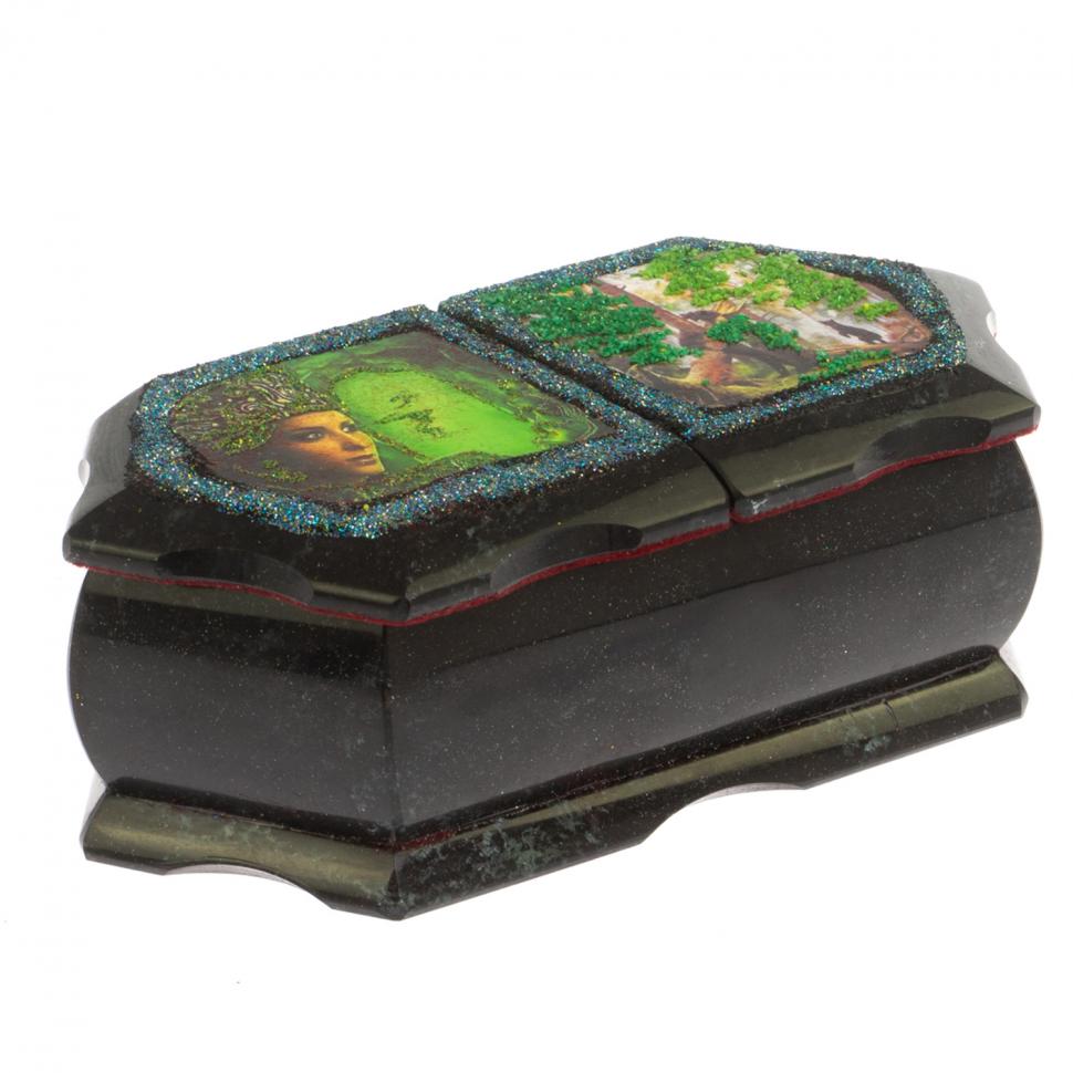 Шкатулка "Хозяйка медной горы / Утро в сосновом лесу" 20х10х7,5 см черный змеевик фото 1 — 