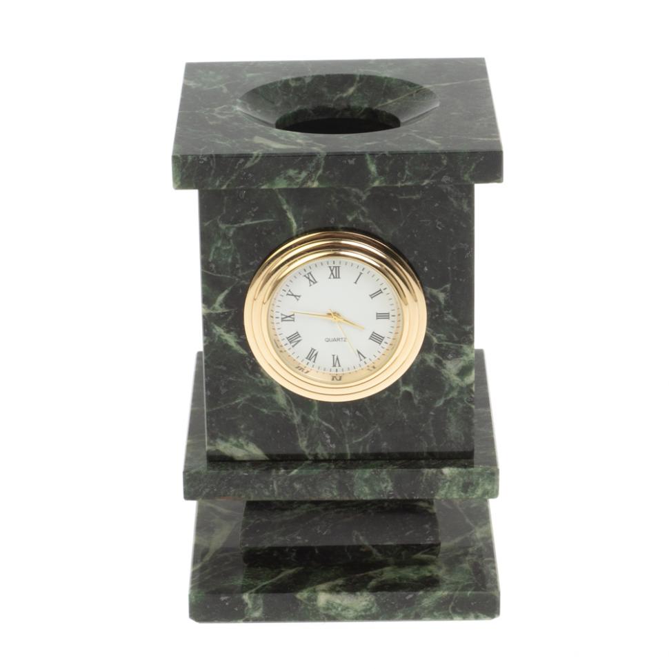 Карандашница из змеевика с часами 7х7х12 см фото 1 — 