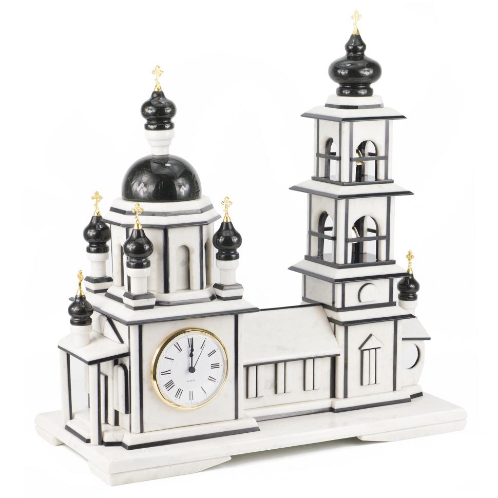 Часы "Храм с колокольней" мрамор змеевик фото 1 — 