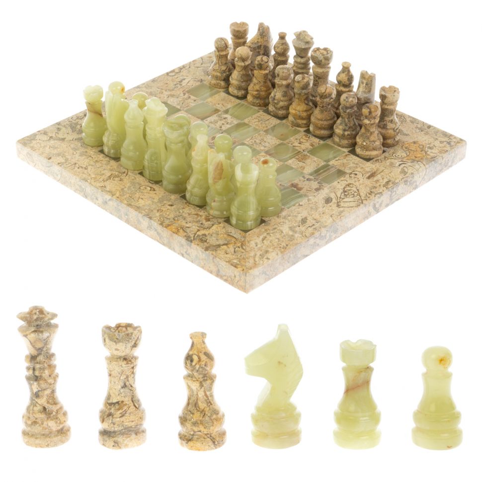 Каменные шахматы "Сувенирные" оникс, ракушечник доска 20х20 см фото 1 — 