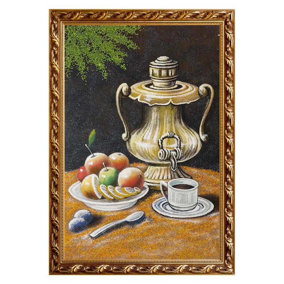 Натюрморт "Самовар с фруктами" багет 46х66 см, каменная крошка фото 1 — 