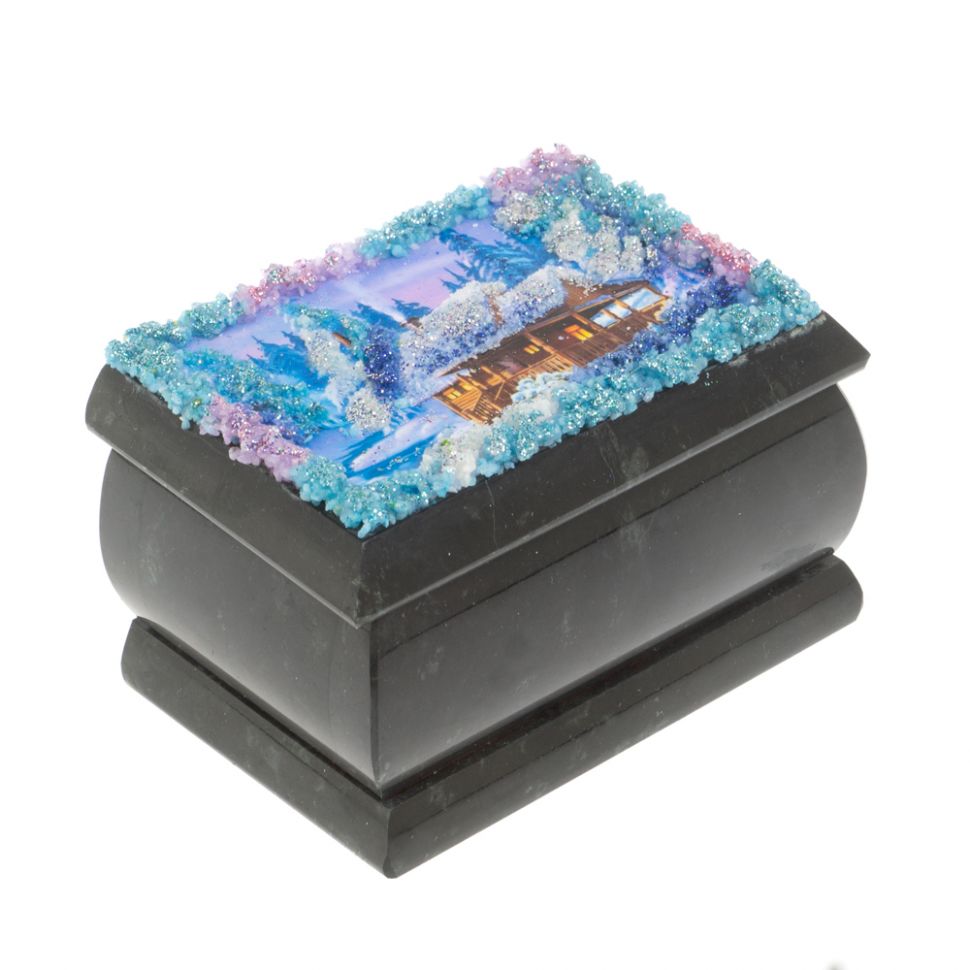 Шкатулка "Домик в зимнем лесу" змеевик 10х6,5х6 см фото 1 — 