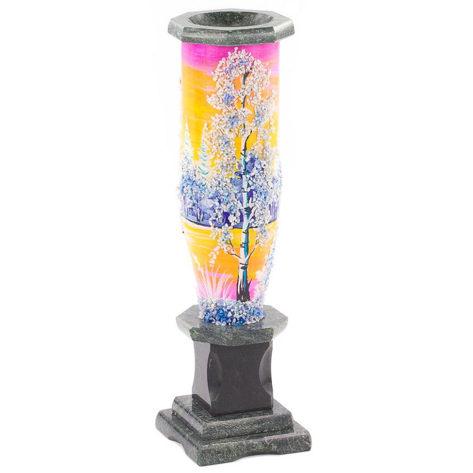 Ваза из камня "Зимний пейзаж" рисунок из каменной крошки 8х8х25 см фото 1 — 