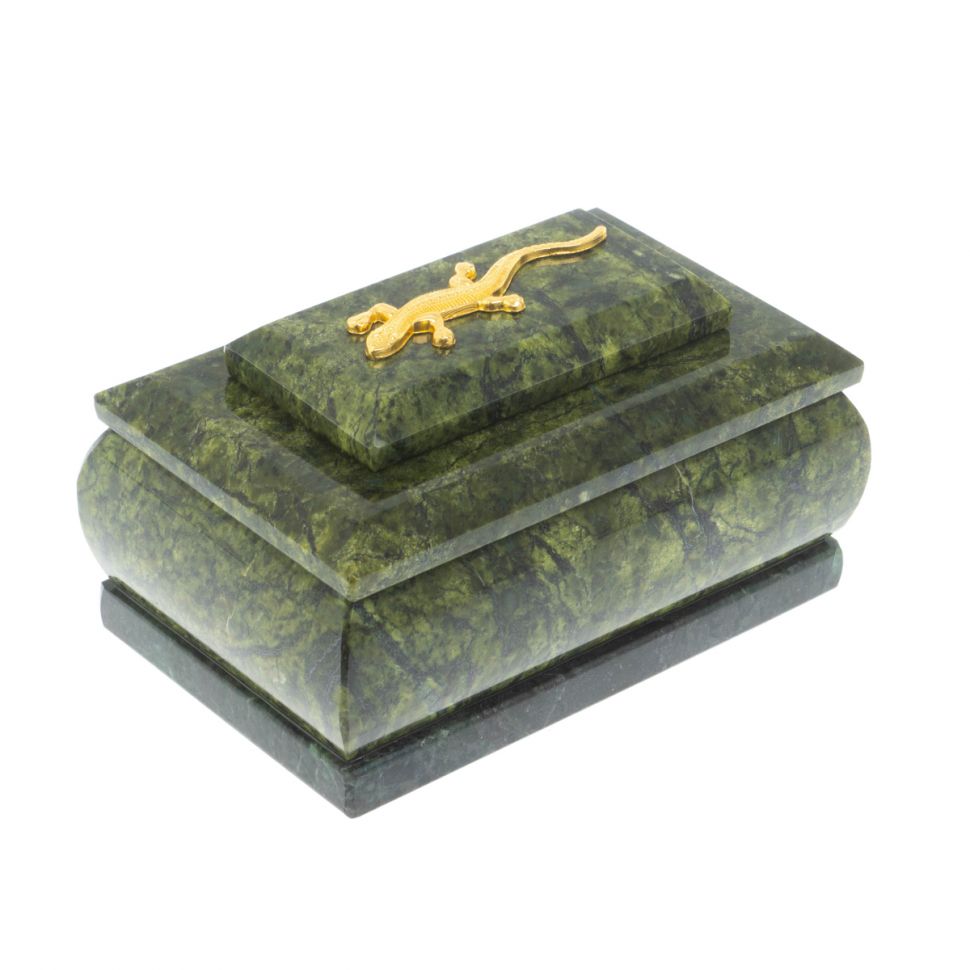 Шкатулка прямоугольная с ящерицей из змеевика 10,5х6,5х6 см фото 1 — 