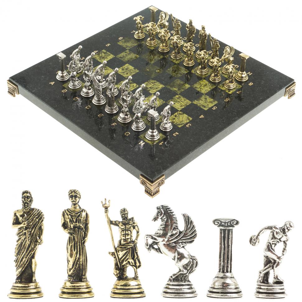 Шахматы "Олимпийские игры" доска 28х28 см из камня змеевик фото 1 — 