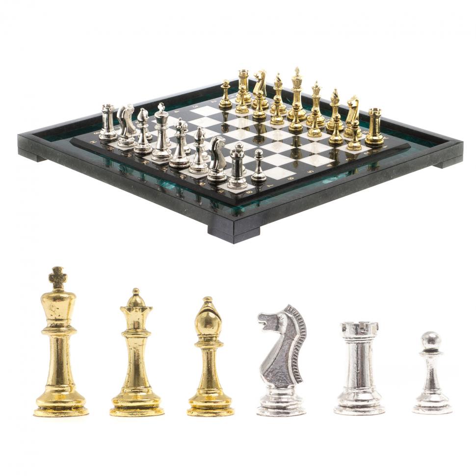 Шахматы из камня "Стаунтон" доска 47х47 см фигуры металлические фото 1 — 