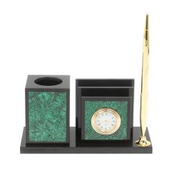 Настольная визитница с часами из малахита 18х7,5х9 см — 