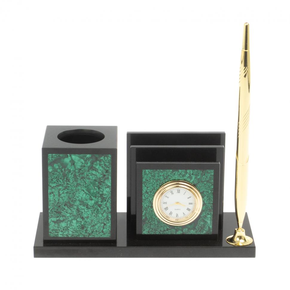 Настольная визитница с часами из малахита 18х7,5х9 см фото 1 — 