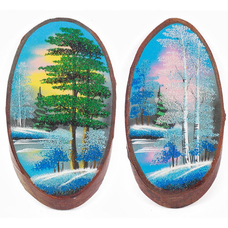 Панно на срезе дерева "Зима" вертикальное 35-40 см каменная крошка фото 1 — 