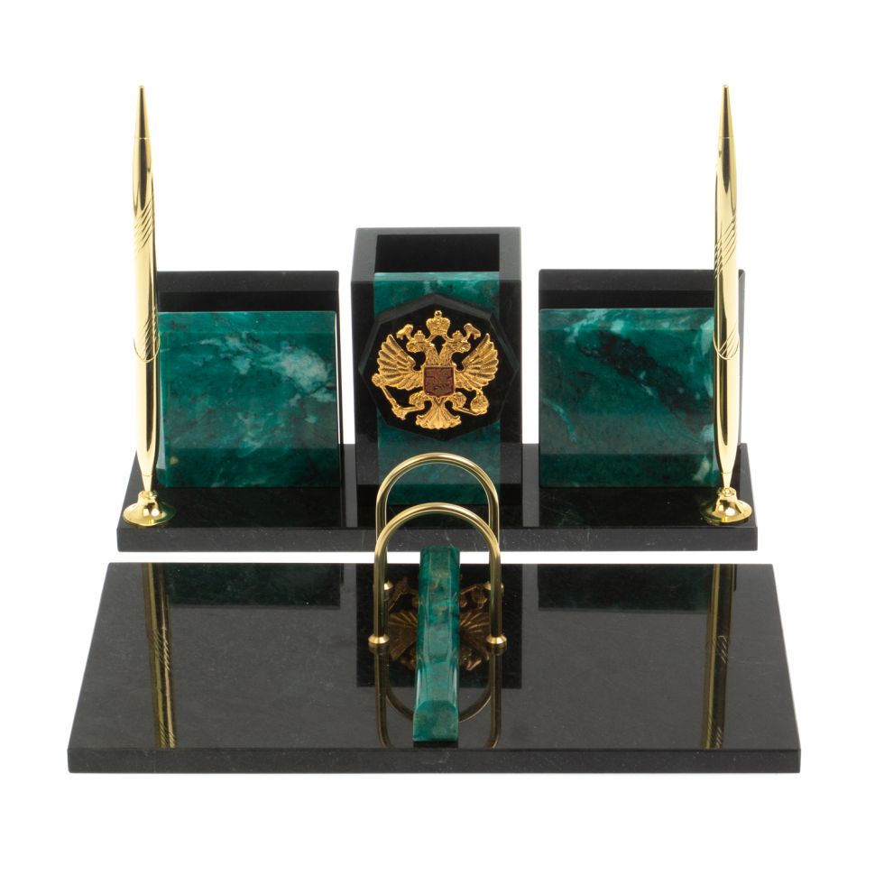 Настольный набор "Офисный" с гербом РФ камень змеевик фото 1 — 