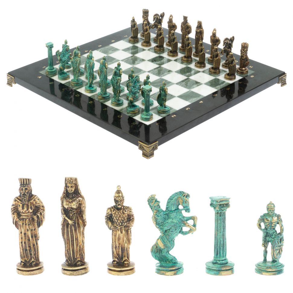 Шахматы "Александр Македонский" фигуры бронза / патина мрамор змеевик 36х36 см фото 1 — 
