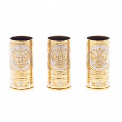 Набор стопок &quot;Герб России&quot; 3 шт в кожаном патронташе Златоуст — 