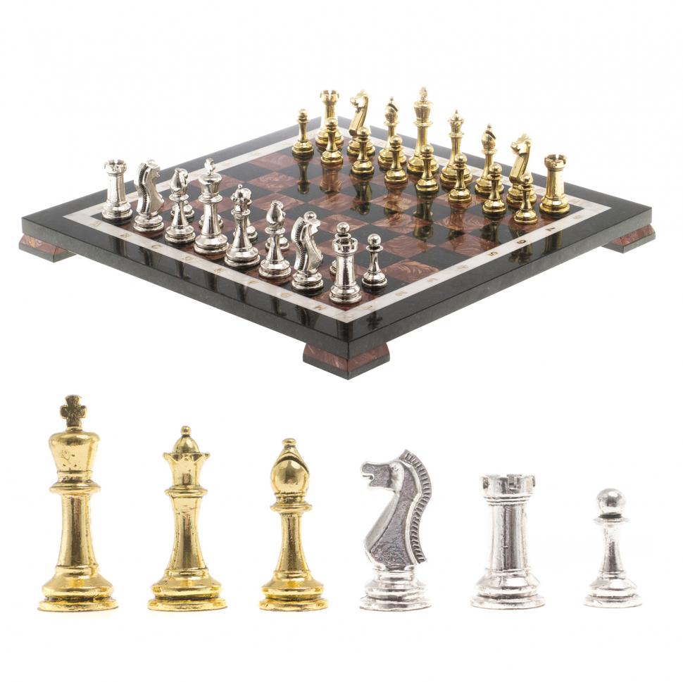 Шахматы из камня "Стаунтон" доска 40х40 см лемезит фигуры металл фото 1 — 