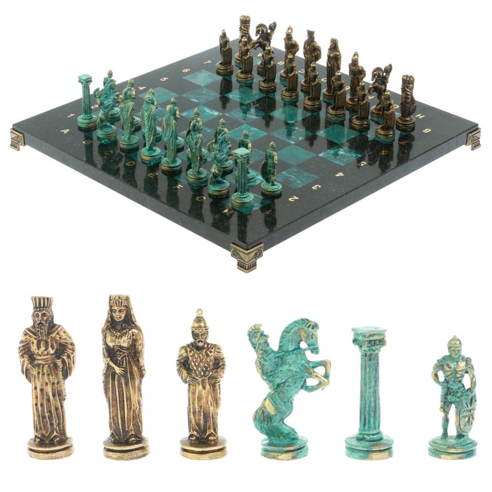 Шахматы "Александр Макендонский" фигуры бронза / патина 36х36х см змеевик фото 1 — 