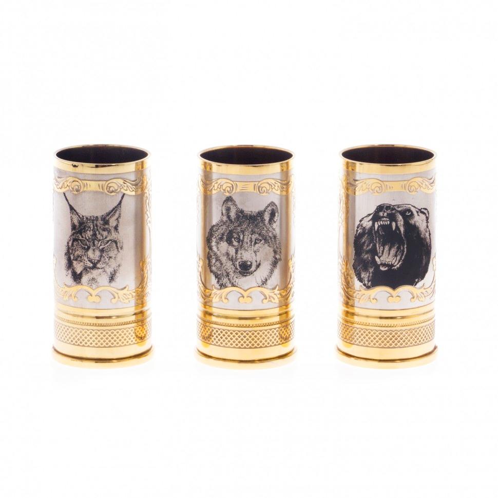 Набор стопок "Хищные звери" 3 шт в кожаном чехле Златоуст фото 1 — 